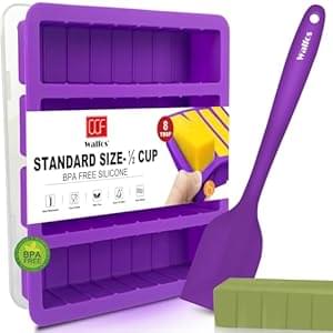 Walfos Silicone Butter Mold with Lid and Spatula, Non-Stick Tray Fits Standard Butter Stick Size, Large Cavity, Holds 8 TBSP, Ideal For Soap Bar, Energy Bar, Brownie, Cake, Purple