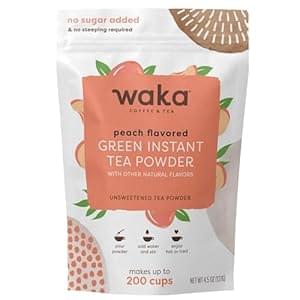 Waka Instant Green Tea Mix, Peach Flavored – 100% Tea Leaves, No Additives, Unsweetened Tea Powder in Bulk Pouch – Easy Quick Hot and Iced Teas, Up to 200 Cups (4.5oz)