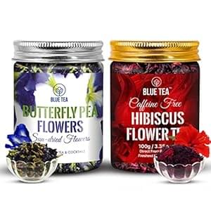 BLUE TEA – Combo – Butterfly Pea Flower Tea 1.76 Oz (100+ Cups) & Hibiscus Tea – 3.5 Oz (100 Cups) | DETOX TEA | Flower Based – Caffeine Free – Herbal Tea – Vegan | Pet Jar Packaging
